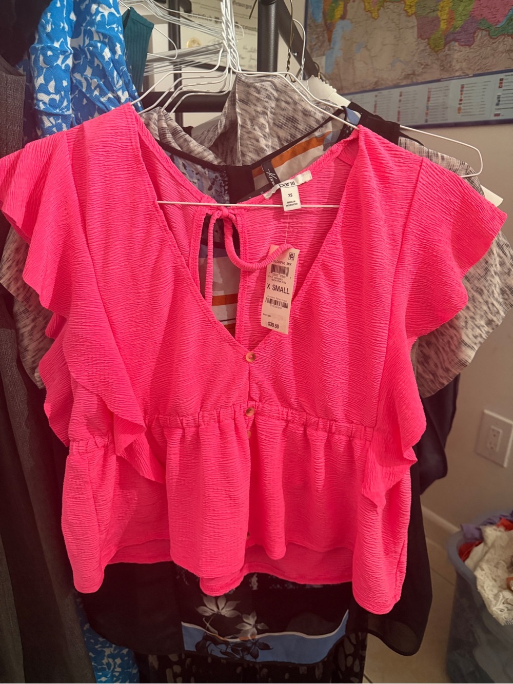Bar III Pink Flutter Sleeve Blouse with Ruffled Tie Front